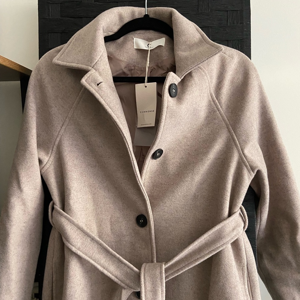 Commense Brushed Wool belted long overcoat.